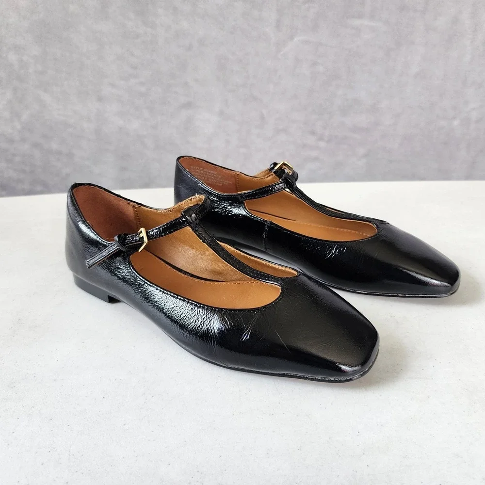 Madewell Mylie Flats Womens Size 5 Black Leather Buckle Square Toe Shoes T-Strap